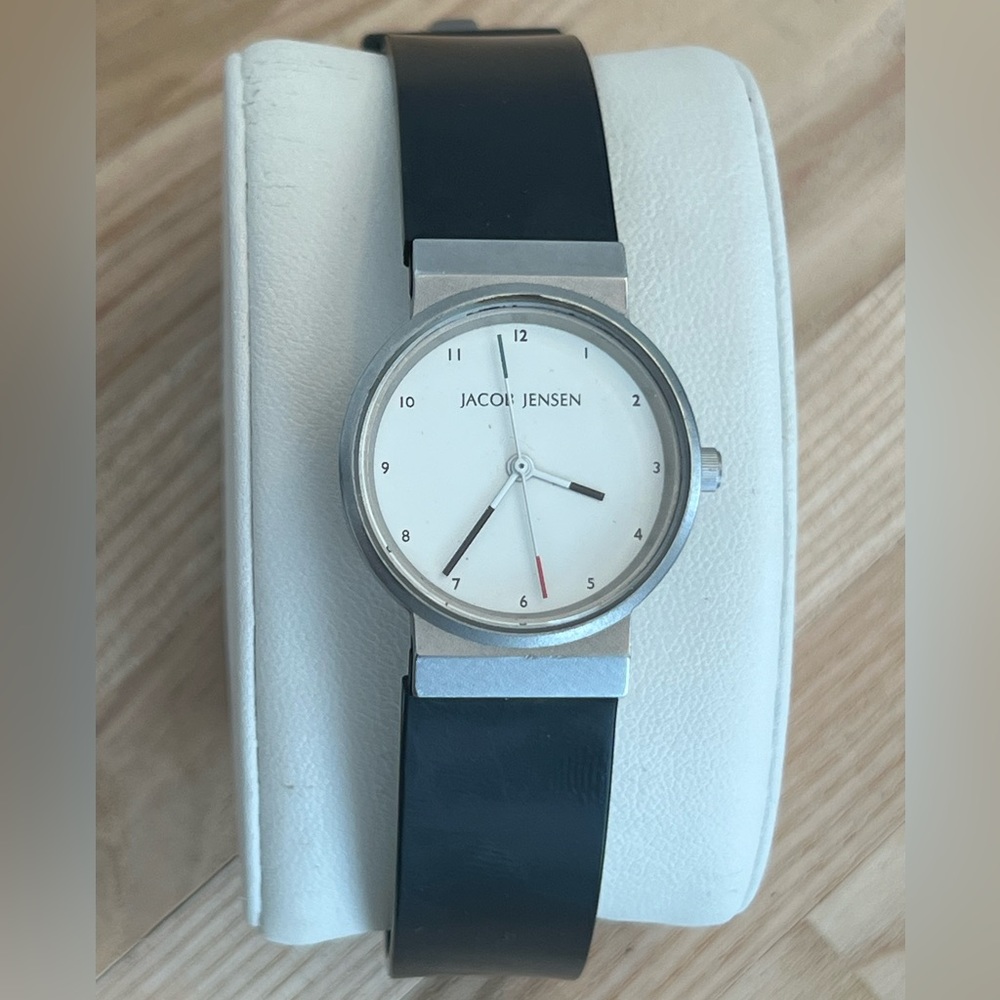 Jacob Jensen Ladies Watch White Dial Black Silicone Strap Swiss Designer